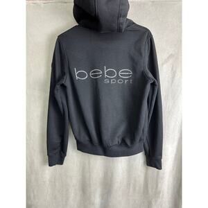 Y2K bebe vintage Fur Hoodie Zip Up Black Bling Rhinestone Sweater Small